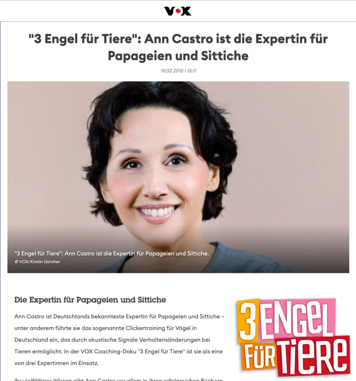 Ann Castro, Papageien-Expertin für Papageien und Sittiche, in der VOX-Serie ‚3 Engel für Tiere‘ – © VOX / Kirstin Günther